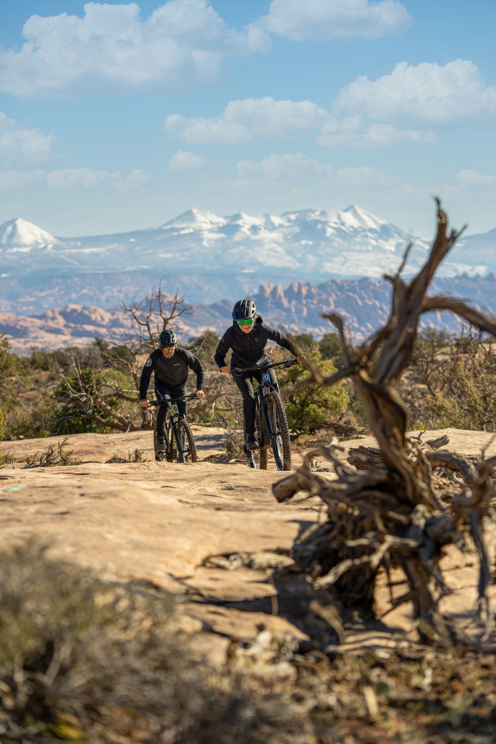 Libby and Eric riding towards the camera, riding over rocks and a tree in the foreground.