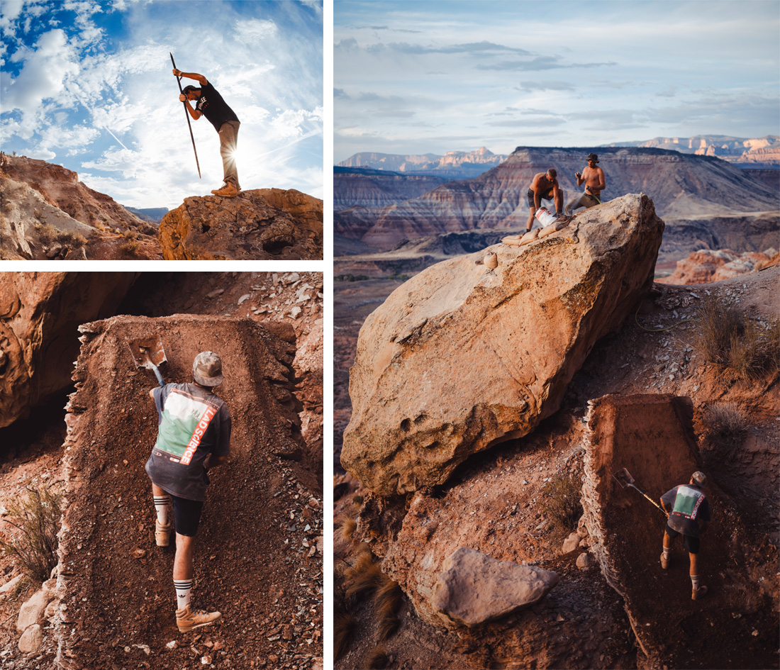 A triptych photo, two on the left, one on the right. The top left is of a guy digging in dirt, bottom left is a guy building a jump. The image on the right is a wide image of the guy building the jump