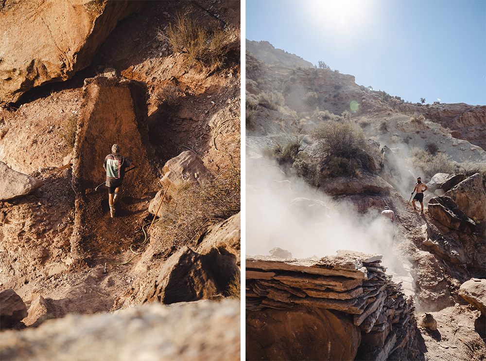 This is a double image, the image on the left is of a guy inspecting a jump, and the image on the right is a dusty photo of Brendogs team working