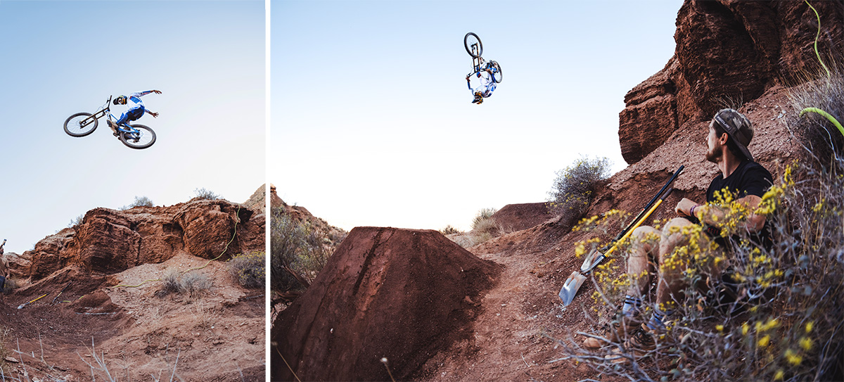 A double photo. The photo on the left in Brendog sending a gap, and the photo on the right is Brendog doing a backflip.