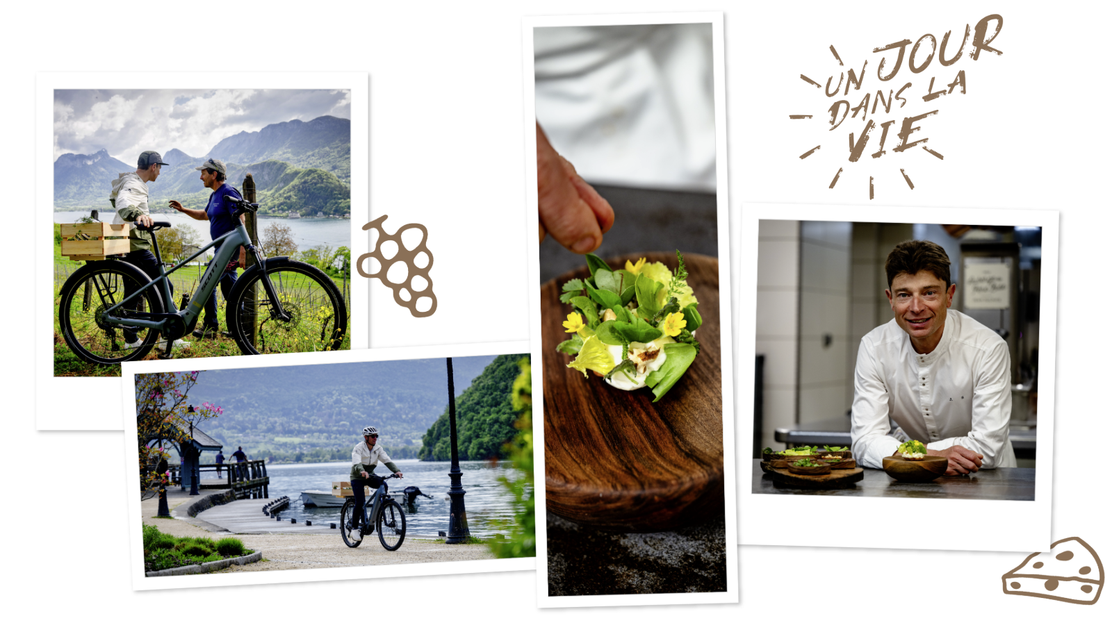 The right side captures the beauty of the outdoors, with two people with an e-bike overlooking a vast lake and mountains, and another shot of a person cycling along a scenic waterfront path.
