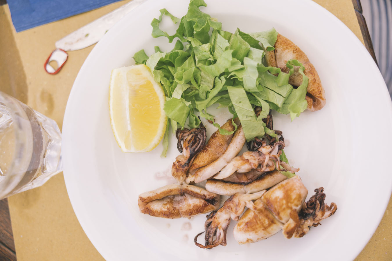 Close up of plate with fried squid salad and lemon