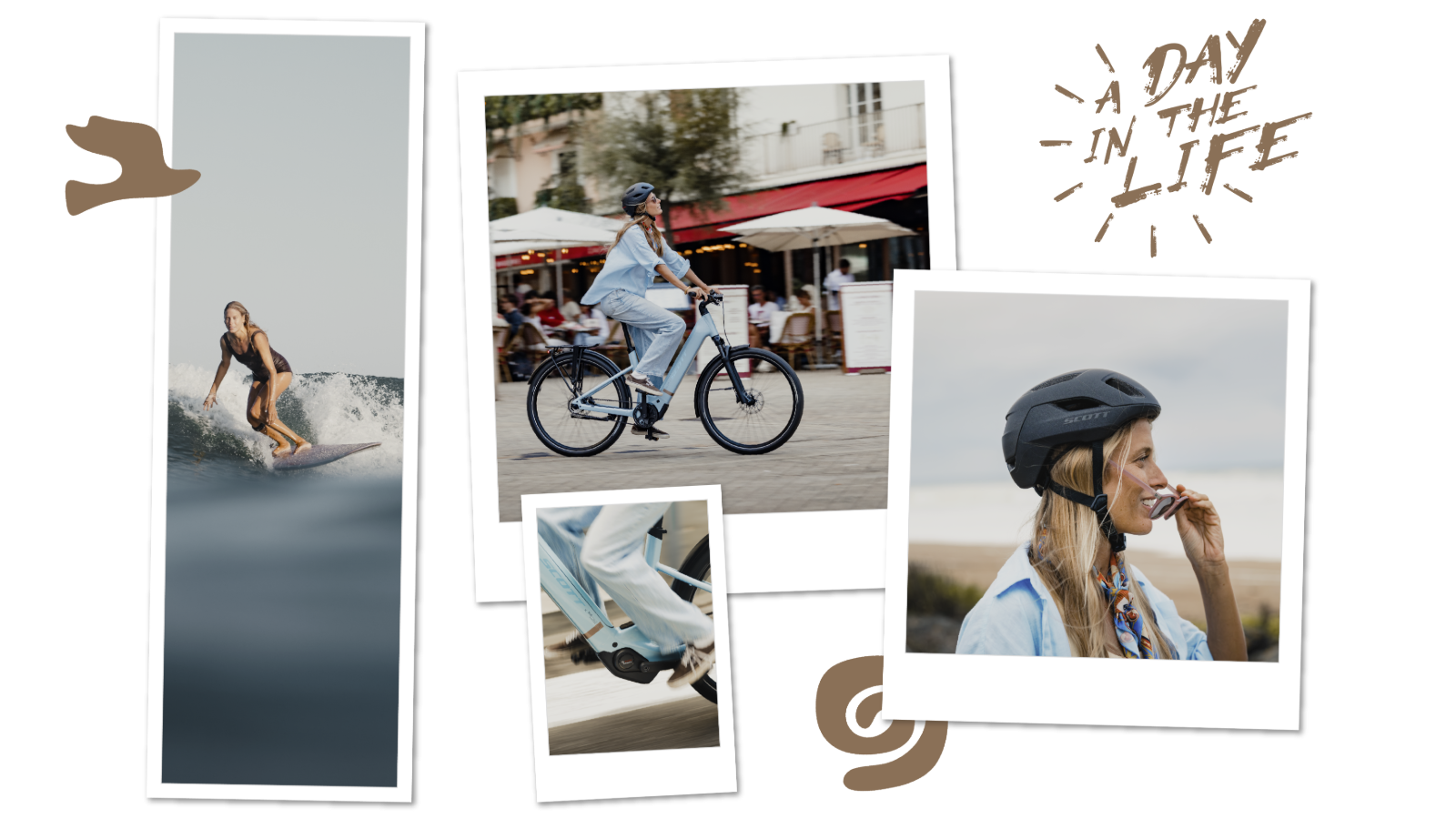 A digital collage titled A DAY IN THE LIFE in stylized brown text, featuring four Polaroid-style photos that document a coastal and urban lifestyle.