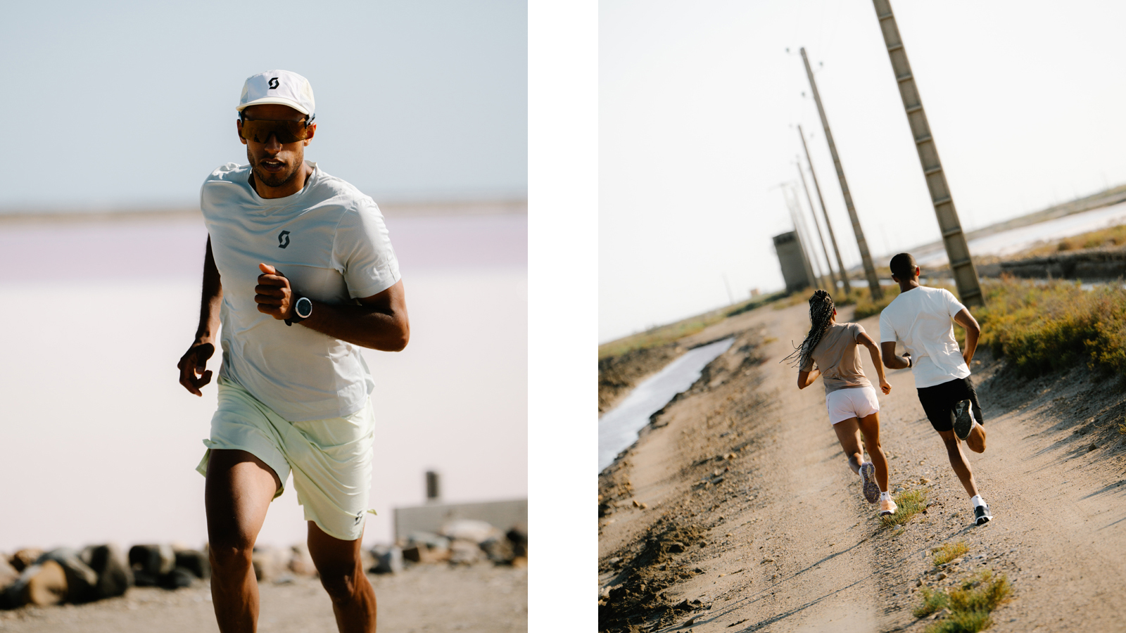 Image showing two pictures side to side with a man running in SCOTT outfit gear and a woman running with a man