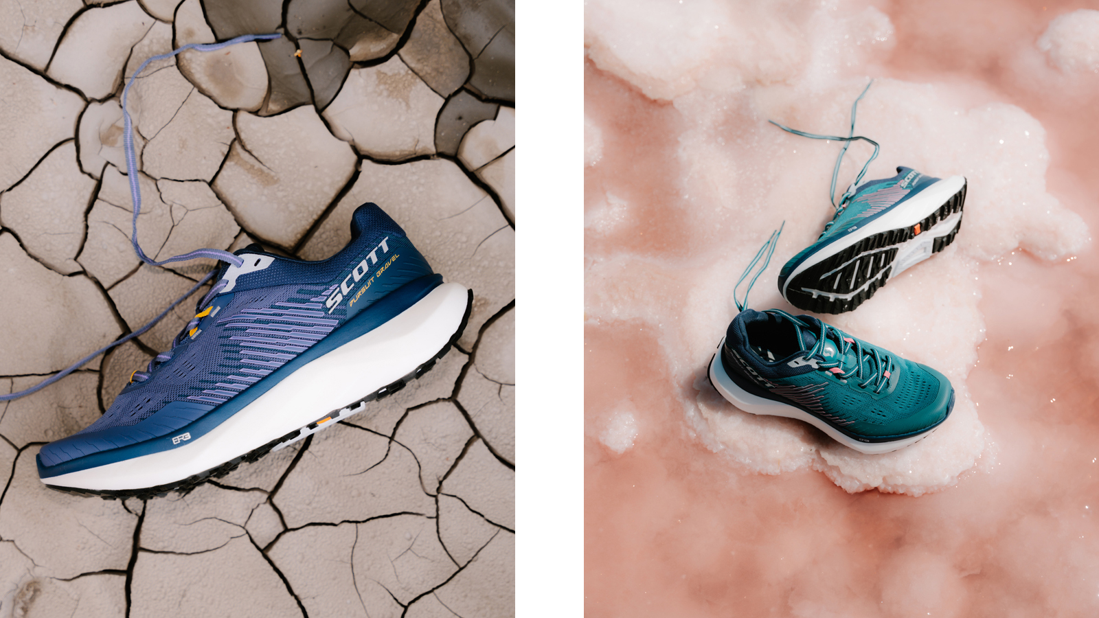 Two pictures side to side showing a pursuit gravel shoe for men and for women