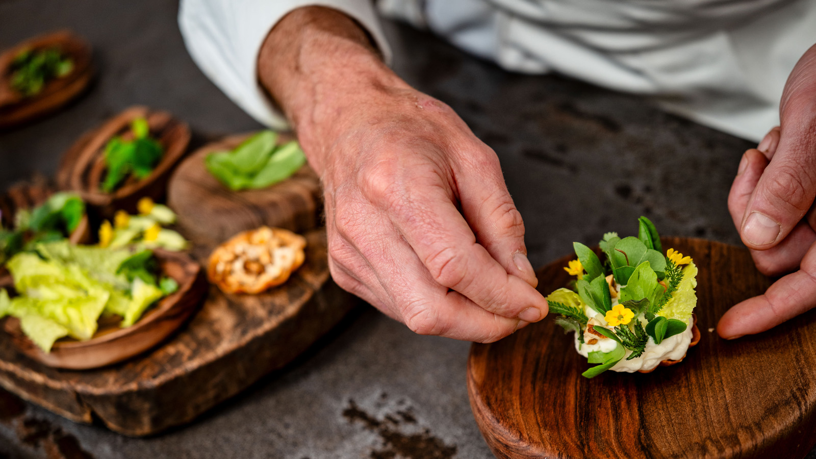 Close-up of a chef’s hands carefully garnishing a delicate appetizer with fresh greens and tiny yellow flowers on a rustic wooden plate.