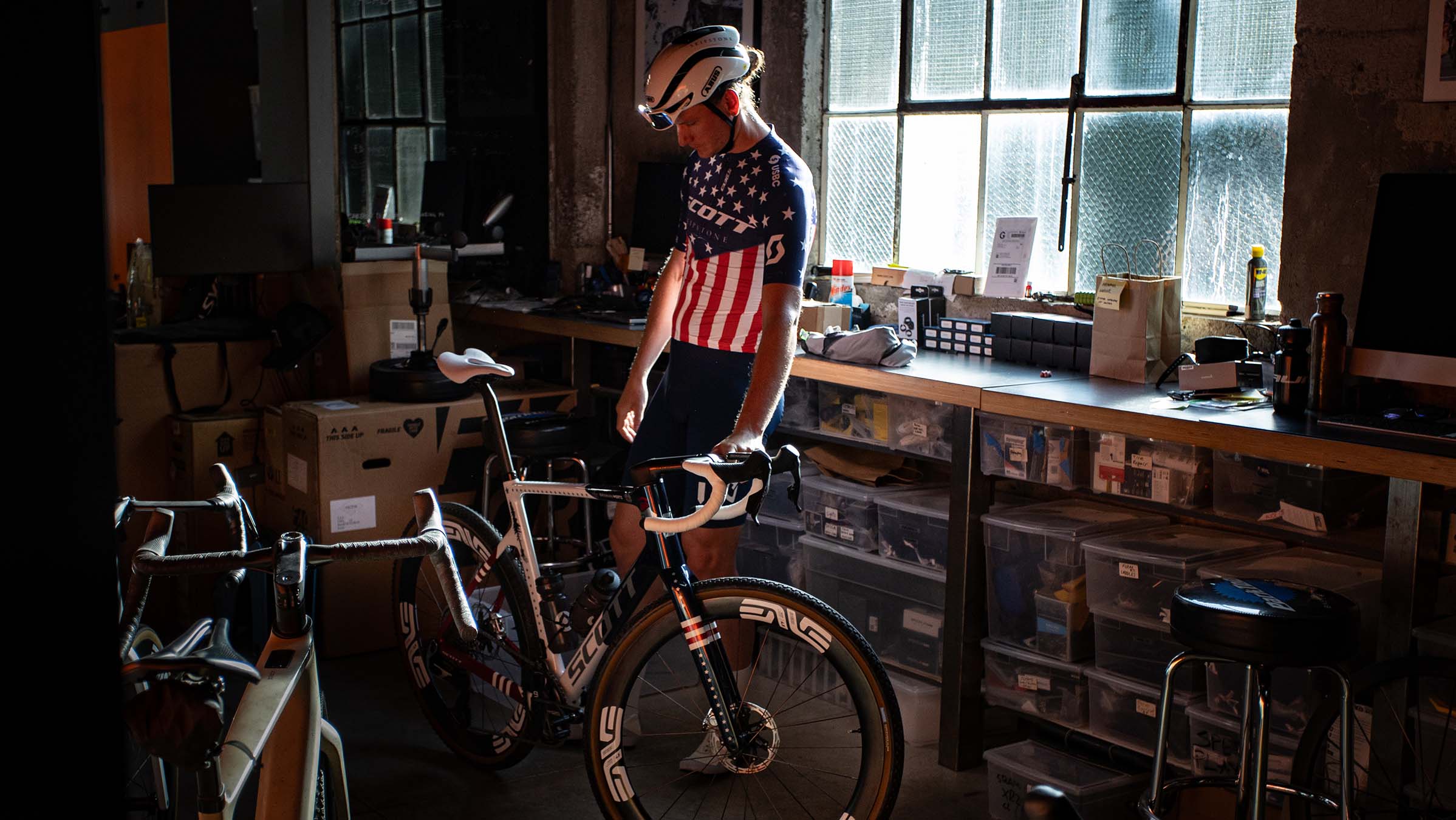Brennan Wertz ready to head out on his first ride on his custom stars and stripes SCOTT Addict Gravel RC