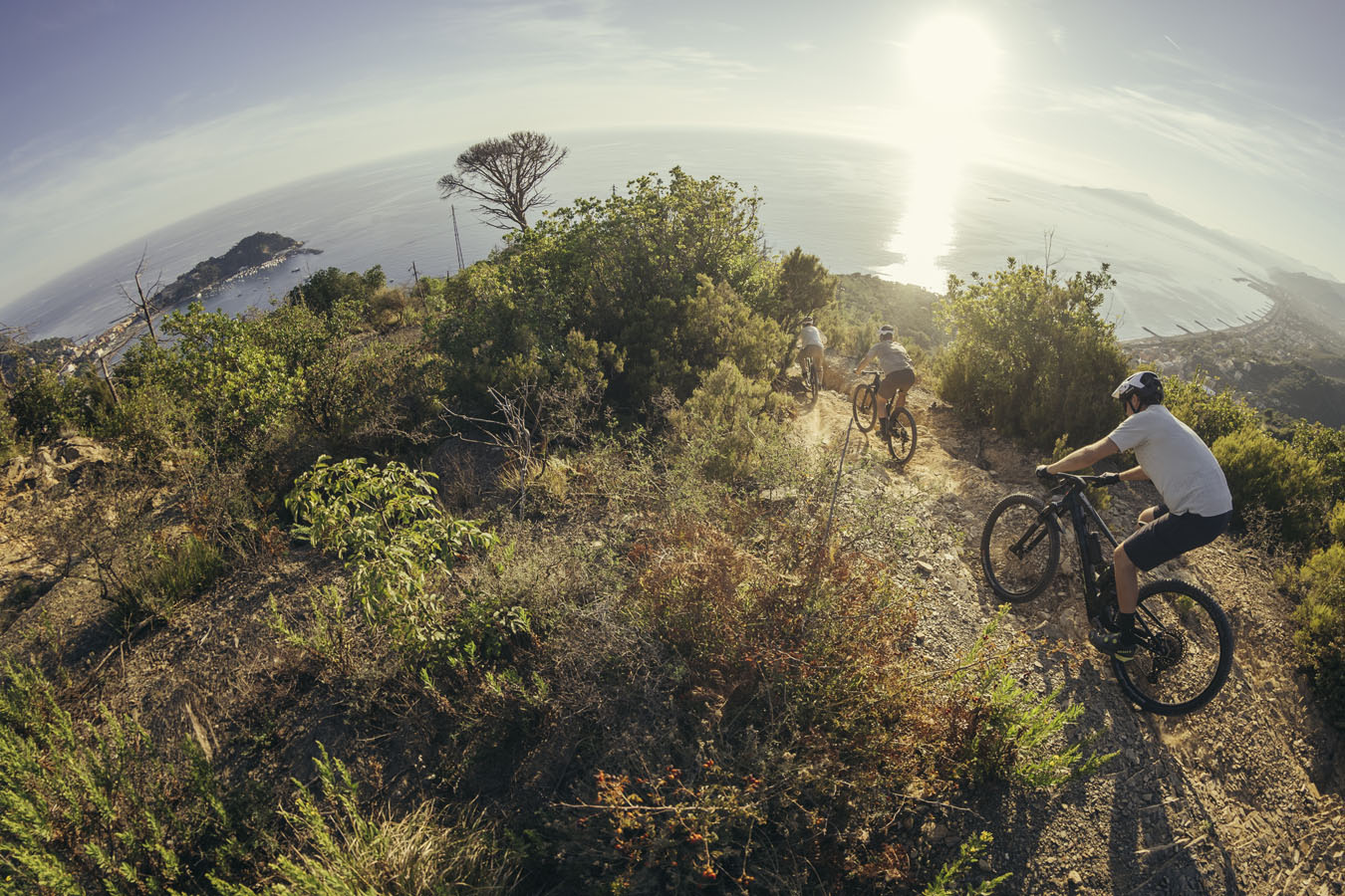 Three mountain bikers riding a hill close to the sea