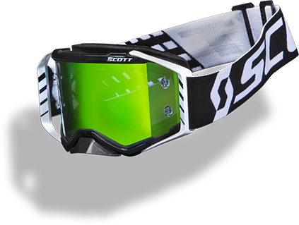 floating black and white Scott Prospect goggle with green lens