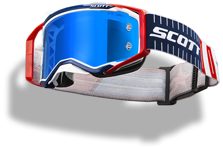 floating red white and blue Scott Prospect goggle with green lens