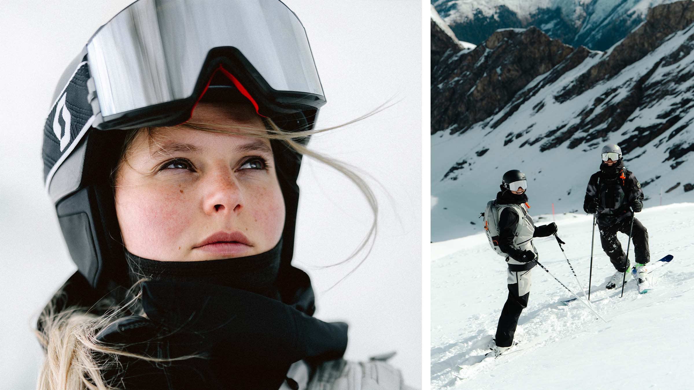 A women with SCOTT goggles on her helmet looking up.