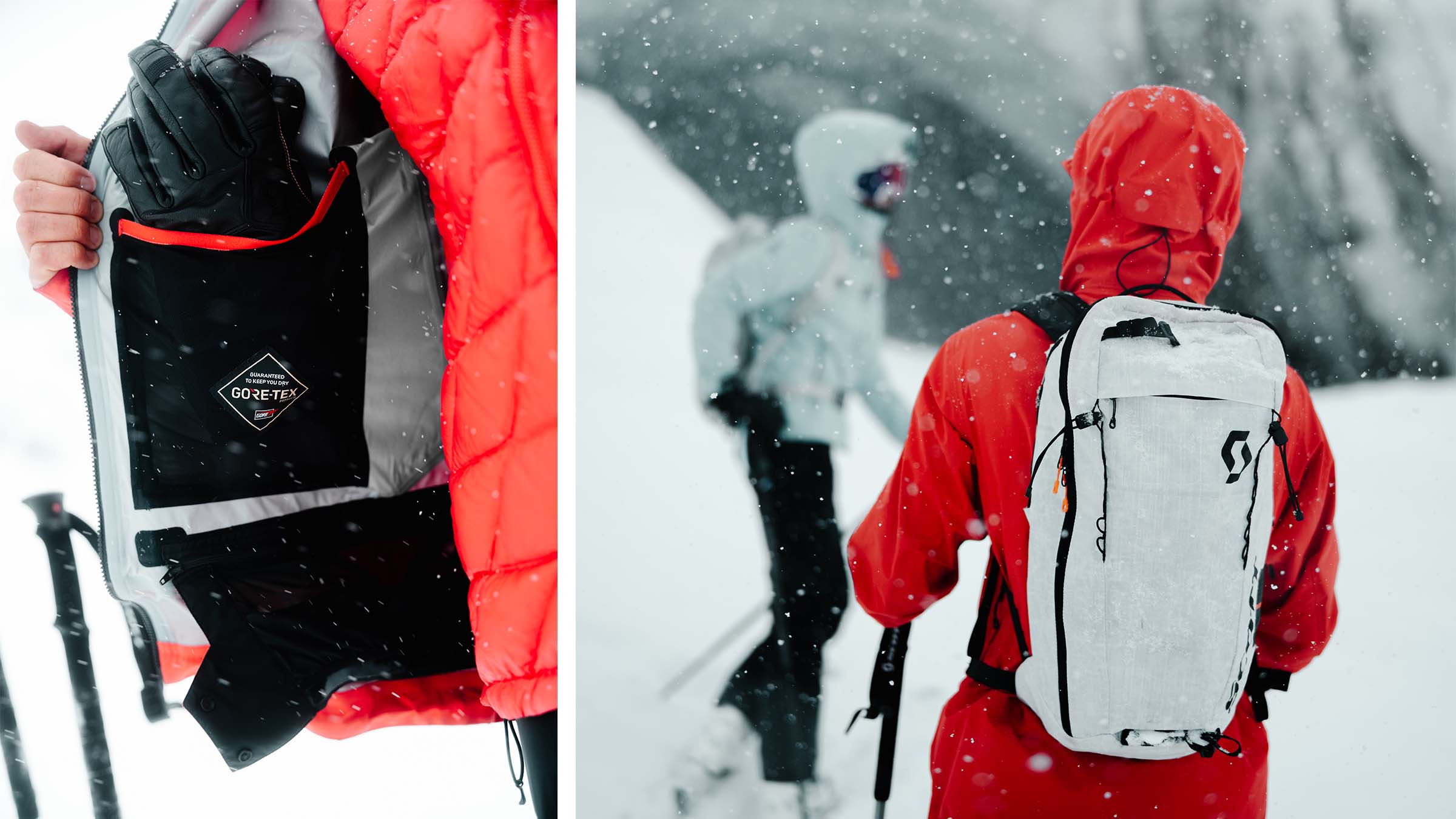Left: a detail of the inside of a SCOTT jacket with an internal pocket holding gloves. Right: bakc view of two people on a backcountry ski tour heading toward a cave
