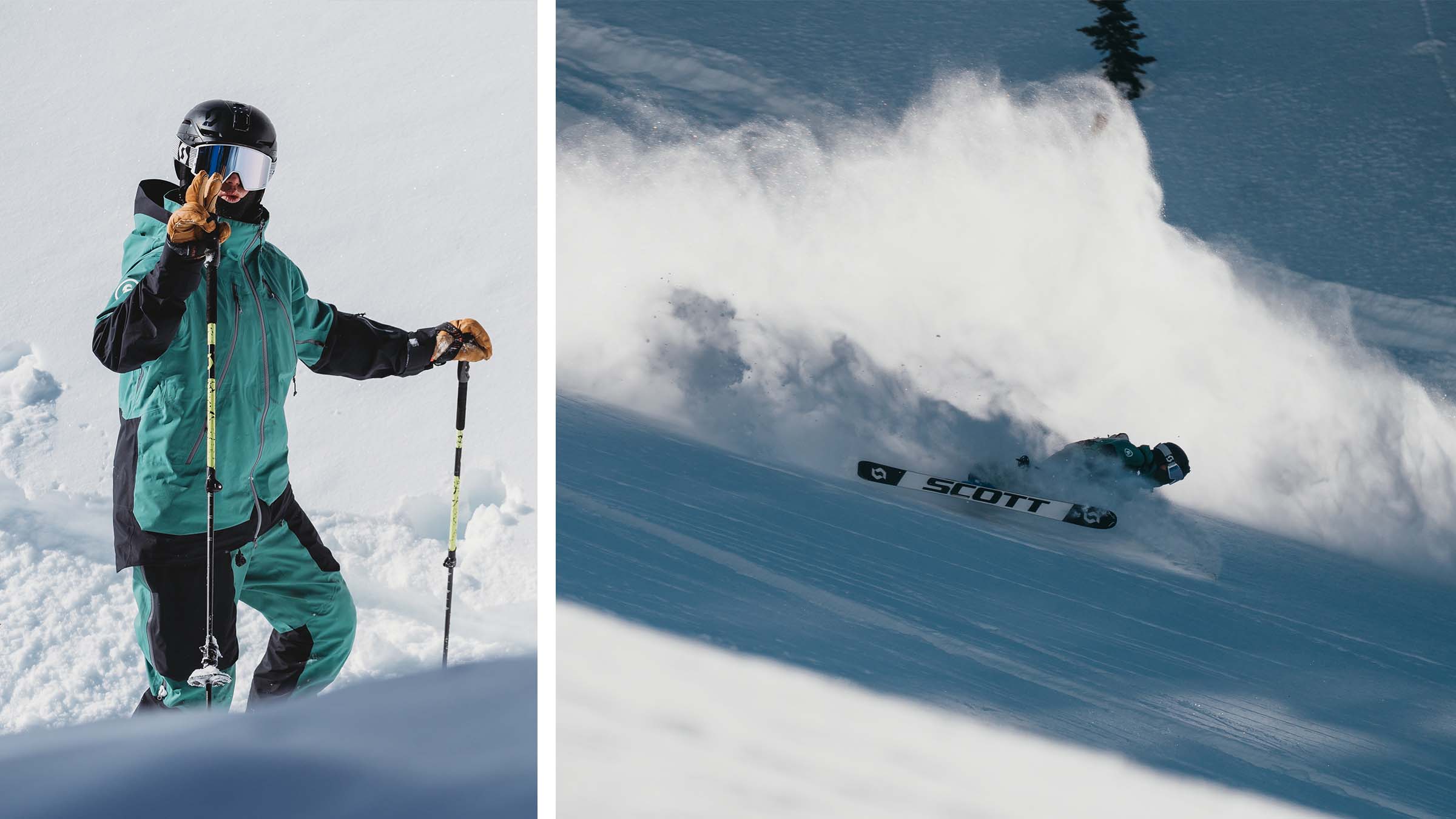 Parkin Costain gives the peace sign on the left side a split image, and skiing in a spray of powder on the right