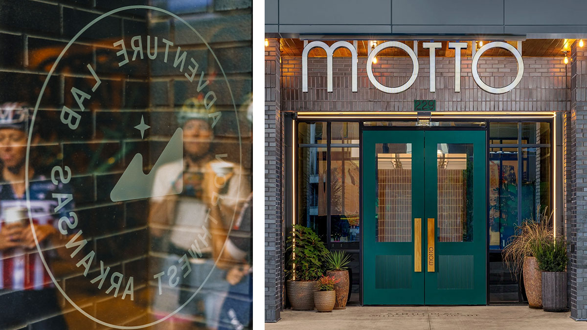 Left: looking through the glass front door of SCOTT Adventure Lab with athletes standing in the background. Right: The entrance of the Motto hotel, the location of SCOTT Adventure Lab in Bentonville, Arkansas.