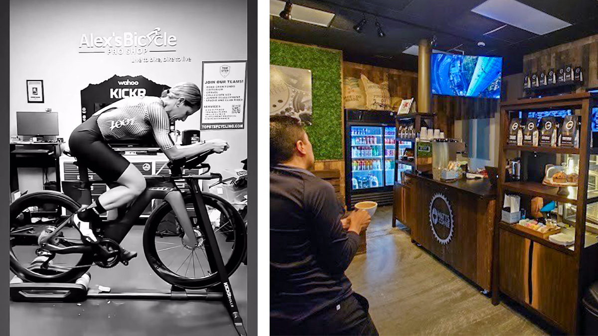 Left: fitting a women on a SCOTT time trial bike at Alex's Bicycle Pro Shop. Right: a man drinking coffee while watching cycling on TV at Alex's Bicycle Pro Shop in Weston, Florida.