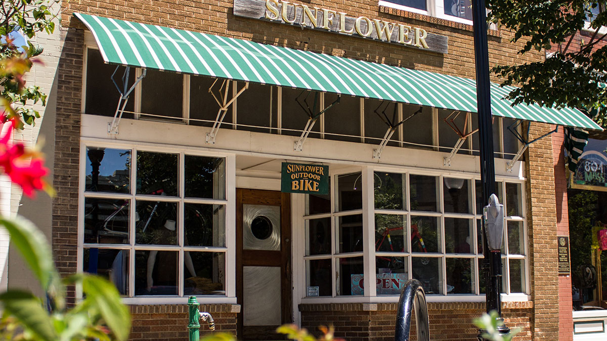 The exterior of Sunflower Outdoor & Bike, located in Lawrence, Kansas, founded in 1972.