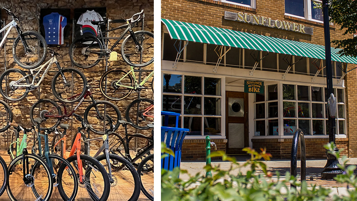Left: bikes hung on a brick wall at Sunflower Outdoor & Bike. Right: the exterior of Sunflower Outdoor & Bike, located in Lawrence, Kansas, founded in 1972.