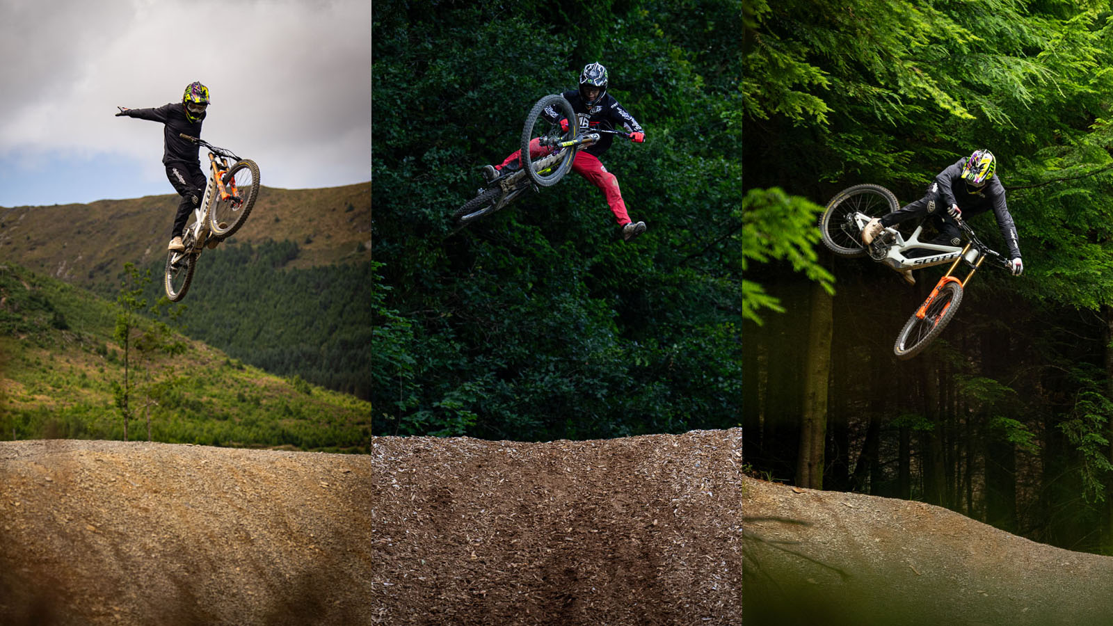Members of the SCOTT Airborne Division team showing their skills by jumping very high in the sky with their SCOTT branded bike