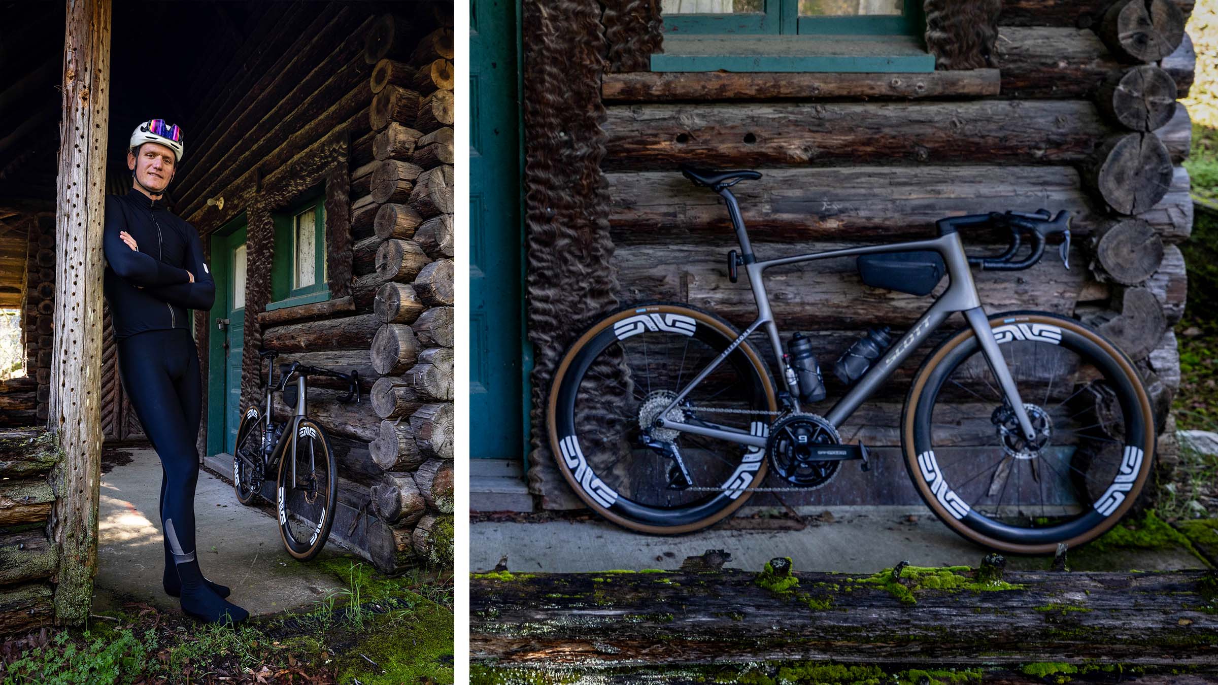 Brennan Wertz standing in a doorway of a rustic log cabin in cycling kit, with his SCOTT Addict 10 leaned against the cabin wall alongside a detailed side view of the bike.