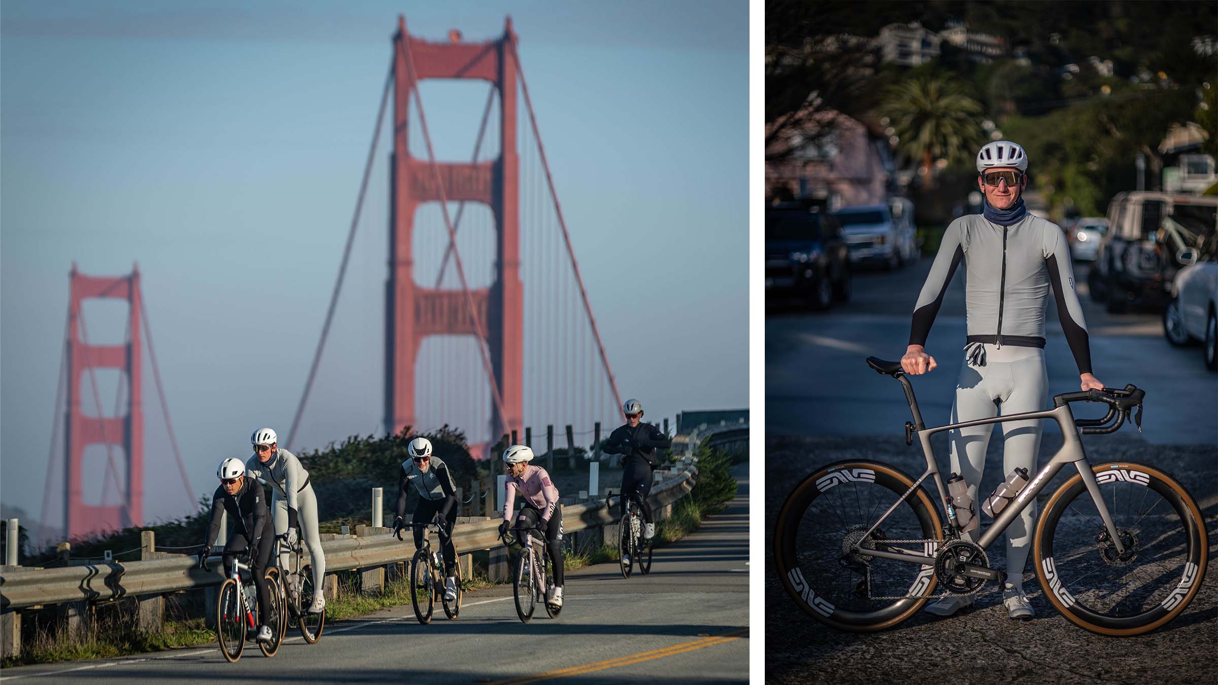 Brennan Wertz riding with a group of friends on a coastal road near the Golden Gate Bridge, alongside a portrait of him standing with his SCOTT Addict 10 road bike on a quiet neighborhood street.