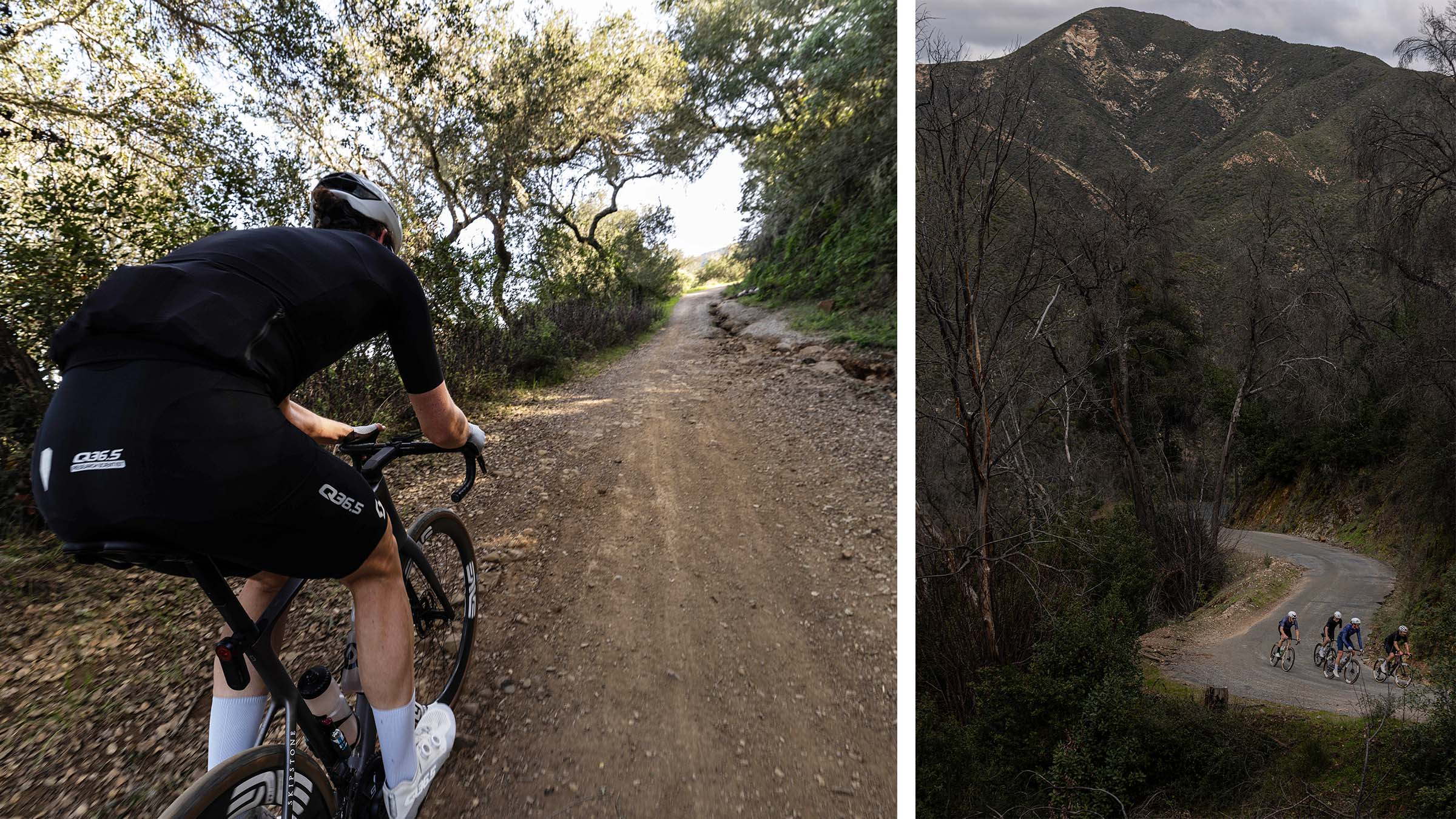 Brennan Wertz riding a SCOTT Addict 10 on a dirt road through wooded terrain, alongside a distant view of him and three other riders descending a winding mountain road.