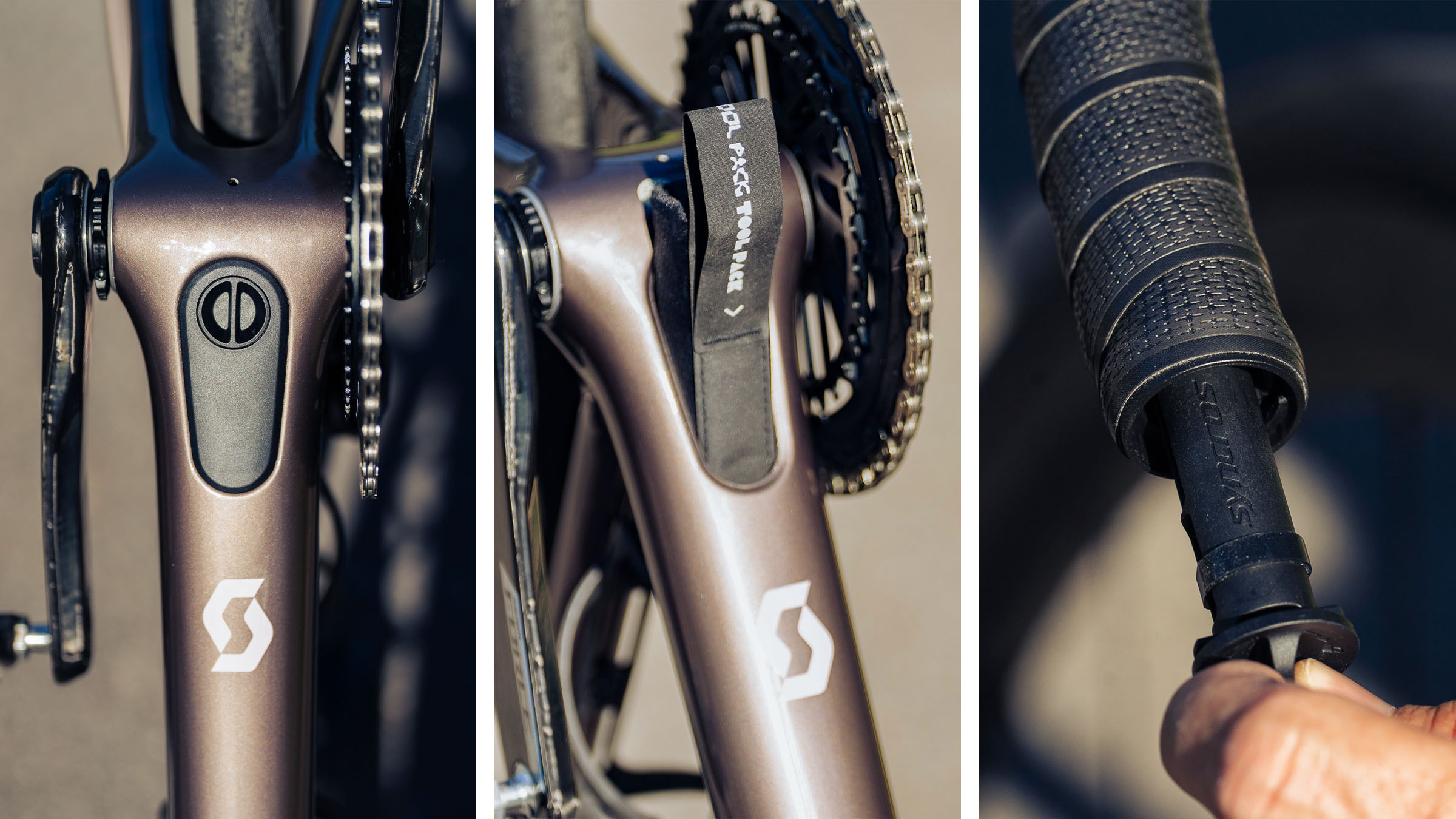 Three images showing the Addict 10's hidden storage options such as a frame-stowed Save-The-Day Kit that unpacks to rescue you with a tube, tire lever, and mini-pump. On the right is an image showing the bar ends with a T25 and 6mm tool combo in the left bar end and a double ended DynaPlug Covert Drop in the right bar end. 