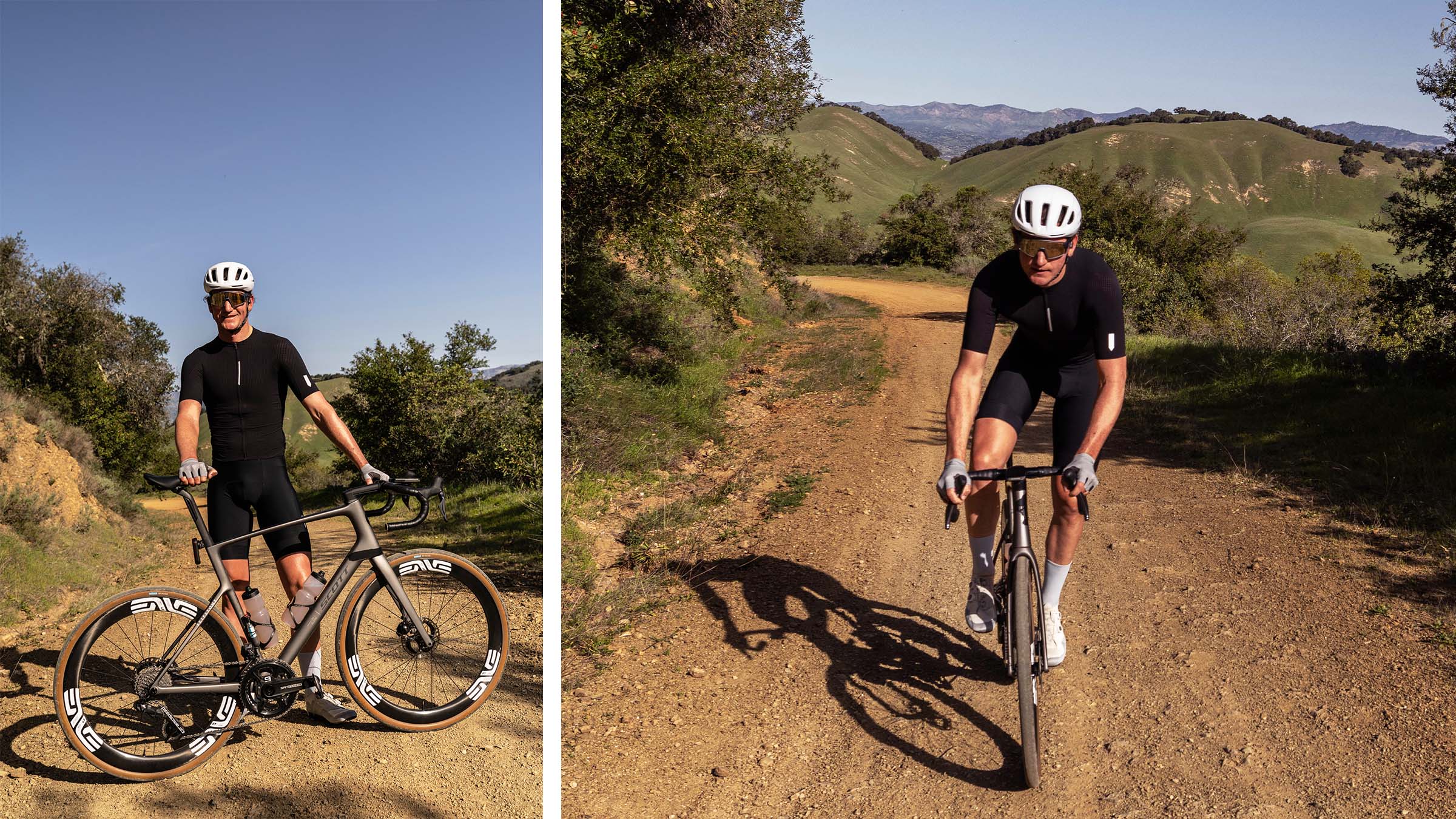 Brennan Wertz standing with his SCOTT Addict 10 on a sunlit dirt road, alongside a shot of him riding the bike through rolling hills on a gravel road.