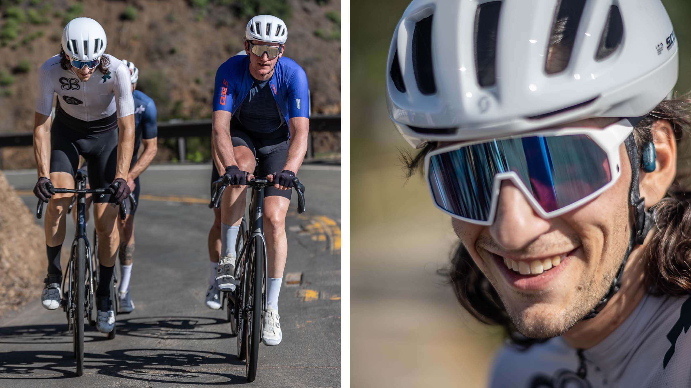 Brennan Wertz riding a SCOTT Addict 10 alongside friend and fellow SCOTT ambassador Alex Colorito on a sunlit road climb, paired with a close-up of Alex smiling in a white SCOTT helmet and mirrored sunglasses.