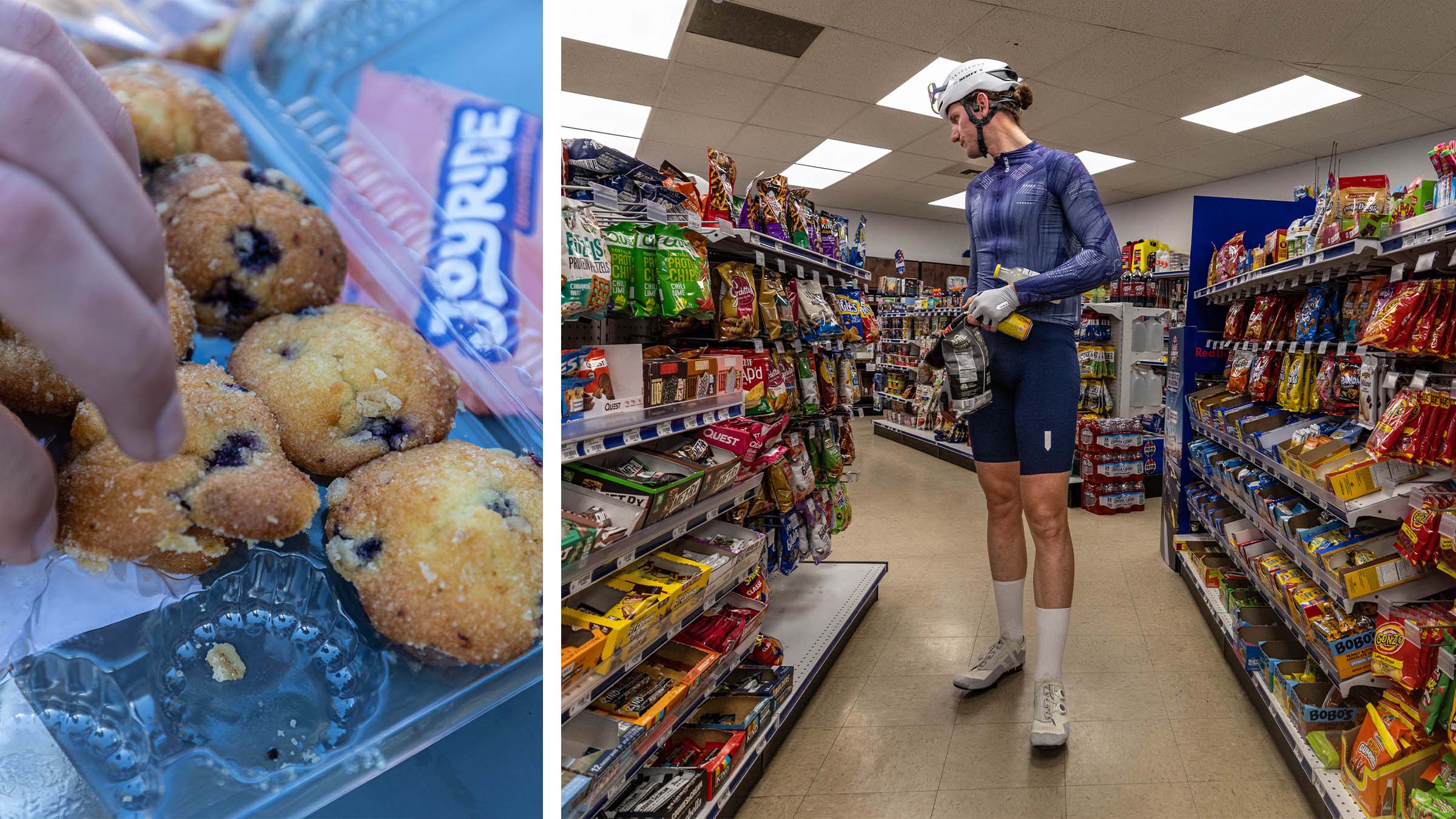 Close-up of mini muffins in a plastic container, alongside Brennan Wertz in cycling kit browsing snacks in a convenience store aisle.