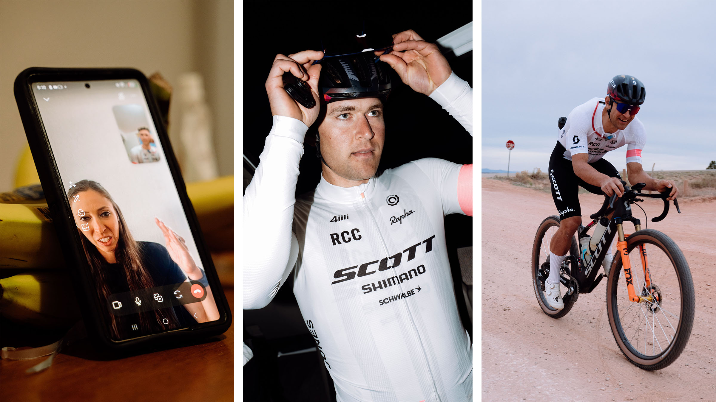 Left: a pre-ride call with teammate and current women's White RIm FKT title holder, Hannah Otto. Middle: Cam's pre-dawn preparation for the White Rim FKT. Right: Cam starts his White Rim FKT attempt smiling and determined.