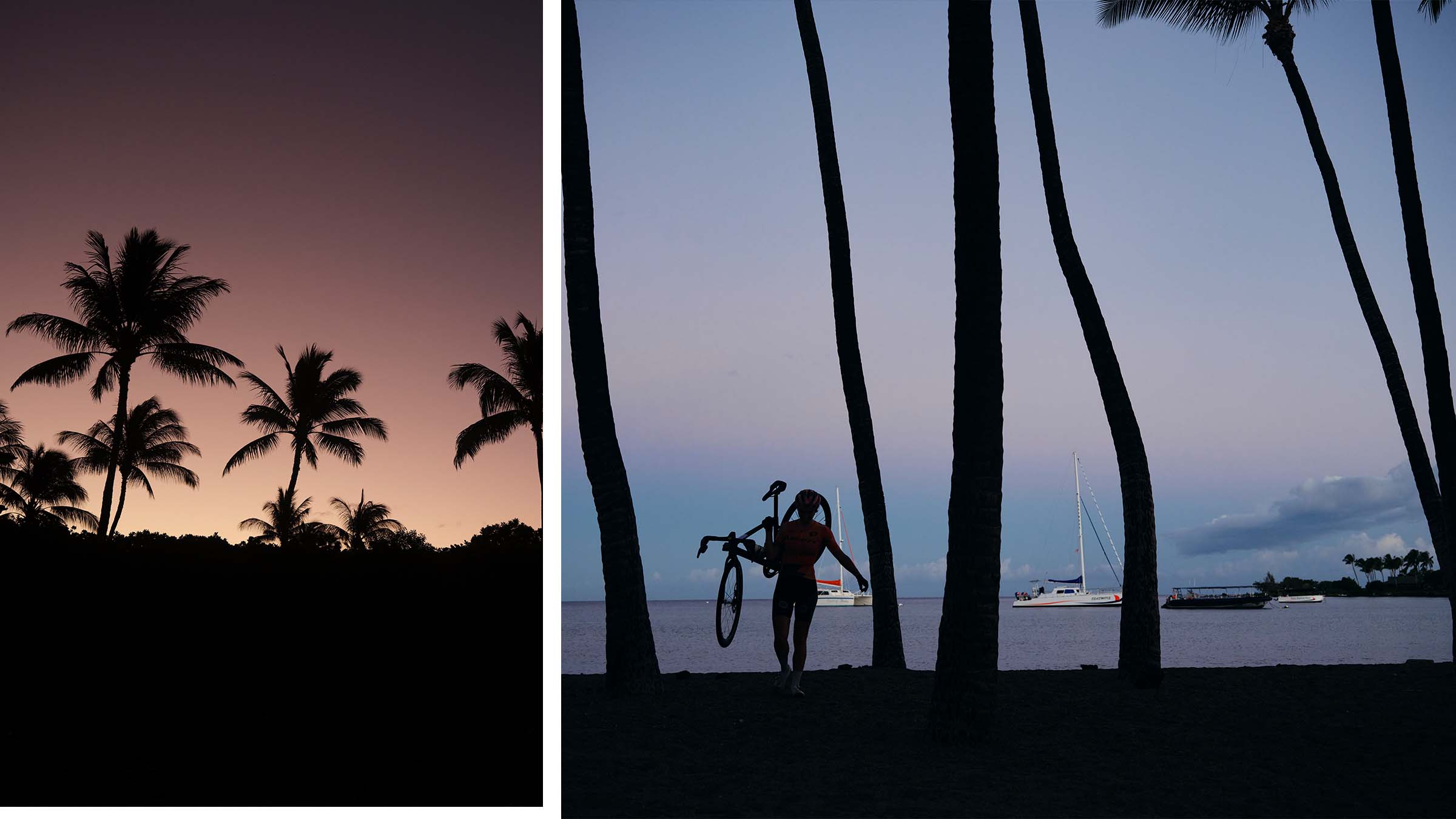 Hannah Otto carries her bike on the beach in Hawaii while silhouetted against palm trees.