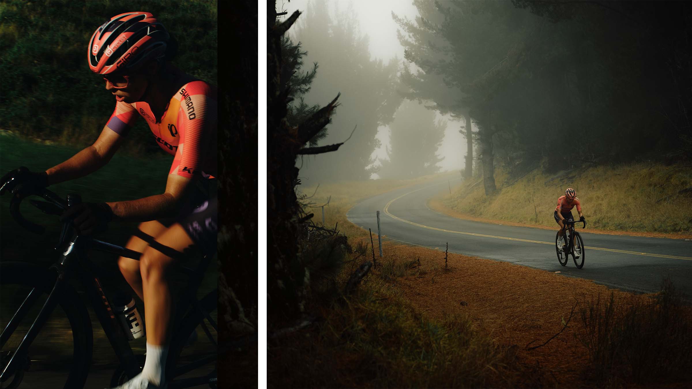 A close-up of Hannah Otto riding in low light on the left, and a wide shot of her climbing a winding, foggy mountain road through pine trees on the right.