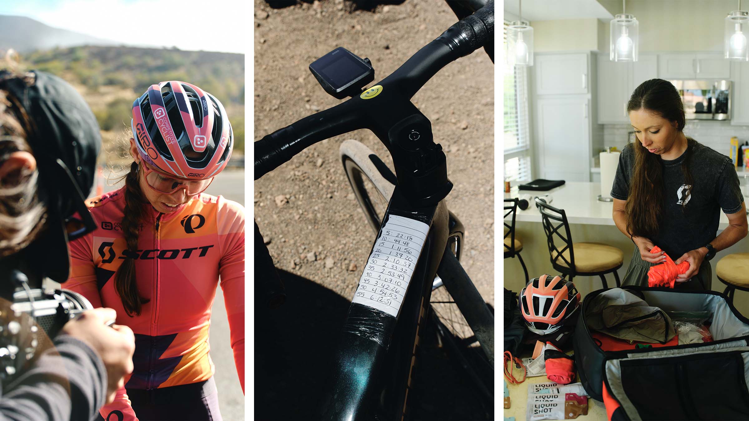 Left: Hannah Otto being filmed before start of her Manua Kea FKT attempt. Middle: Hannah Otto's time splits taped to her top tube. Right: Hannah Otto preparing her gear.