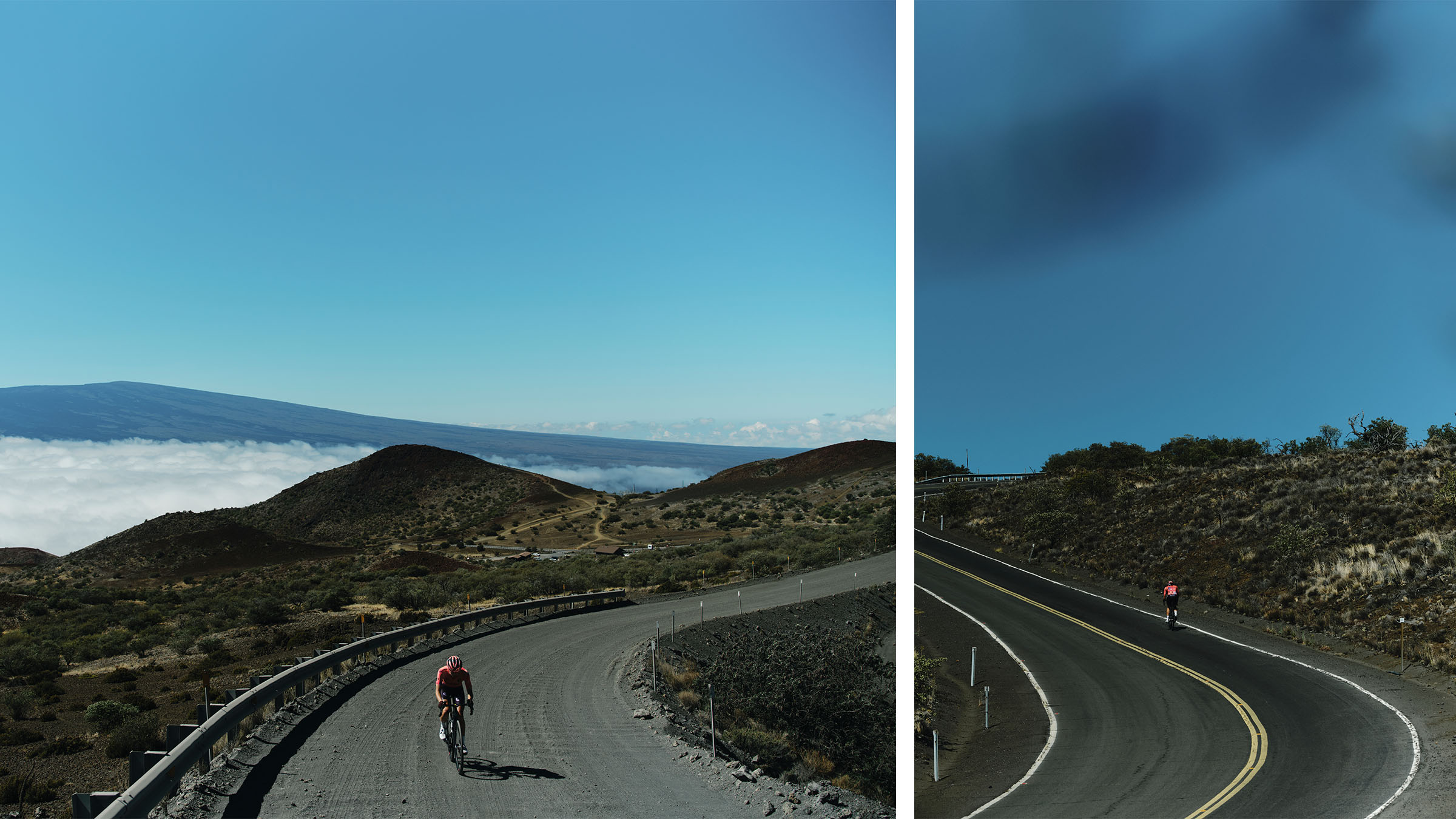 Split image of Hannah Otto during the final miles of her FKT attempt, climbing high-altitude roads in Hawaii: on the left, riding a gravel road above a sea of clouds; on the right, ascending a winding paved road through dry volcanic terrain under a clear blue sky.