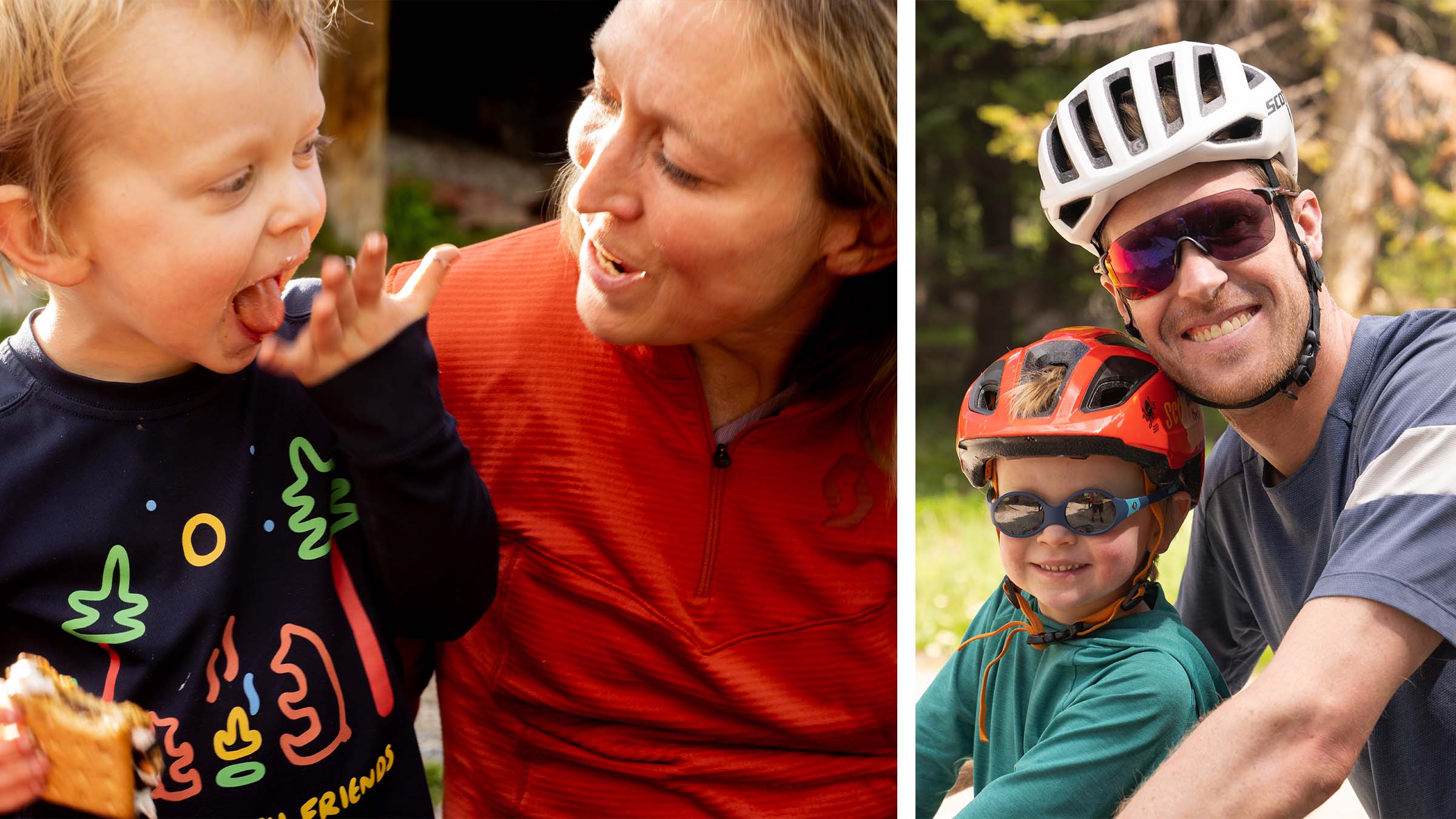 Left: Portrait of Erin Huck and her son, Brennan. Right: Portrait of Andrew Huck and his son, Brennan.