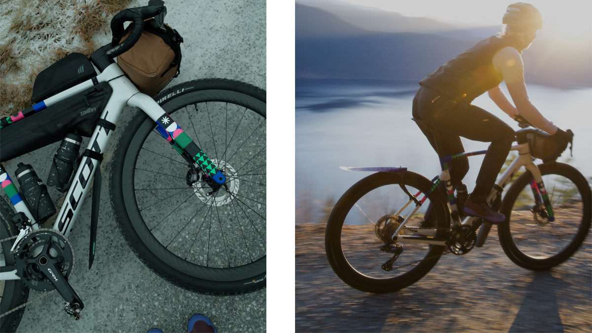 Two picture side to side showing the SCOTT Gravel bike and Athlete Henna Palosaari riding a gravel Bike
