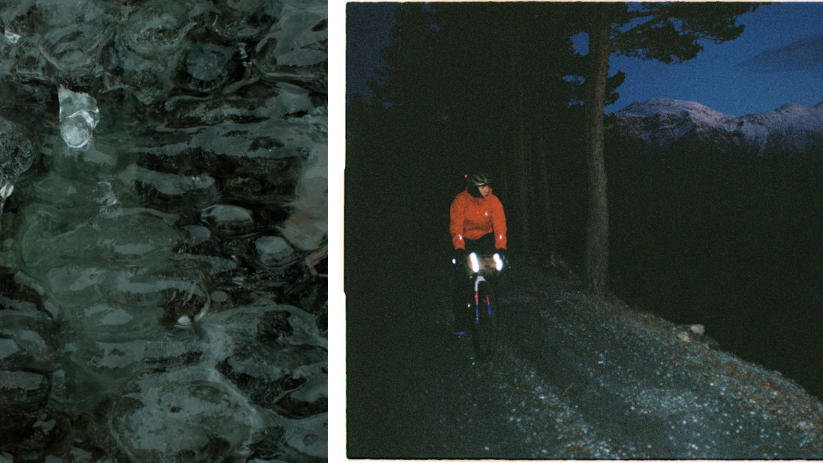 Two pictures side to side showing water frozen and Scott Athlete Henna Palosaari riding a bike in the dark