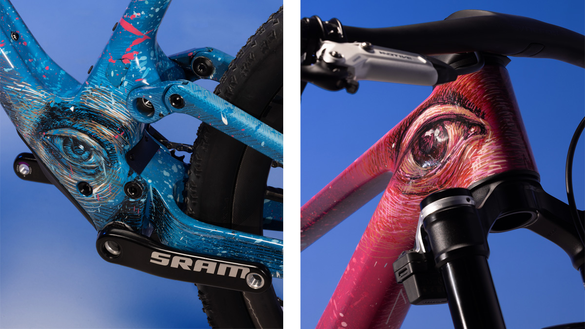 Two pictures showing a blue eye painted on frame and a pink eye 