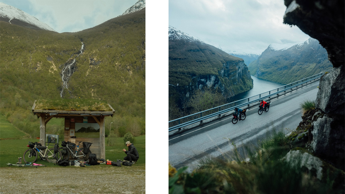 Two pictures side by side showing a gravel cyclist taking a break in front of a hut surround by a waterfall and two cyclists riding bikes on a road with mountains scenery
