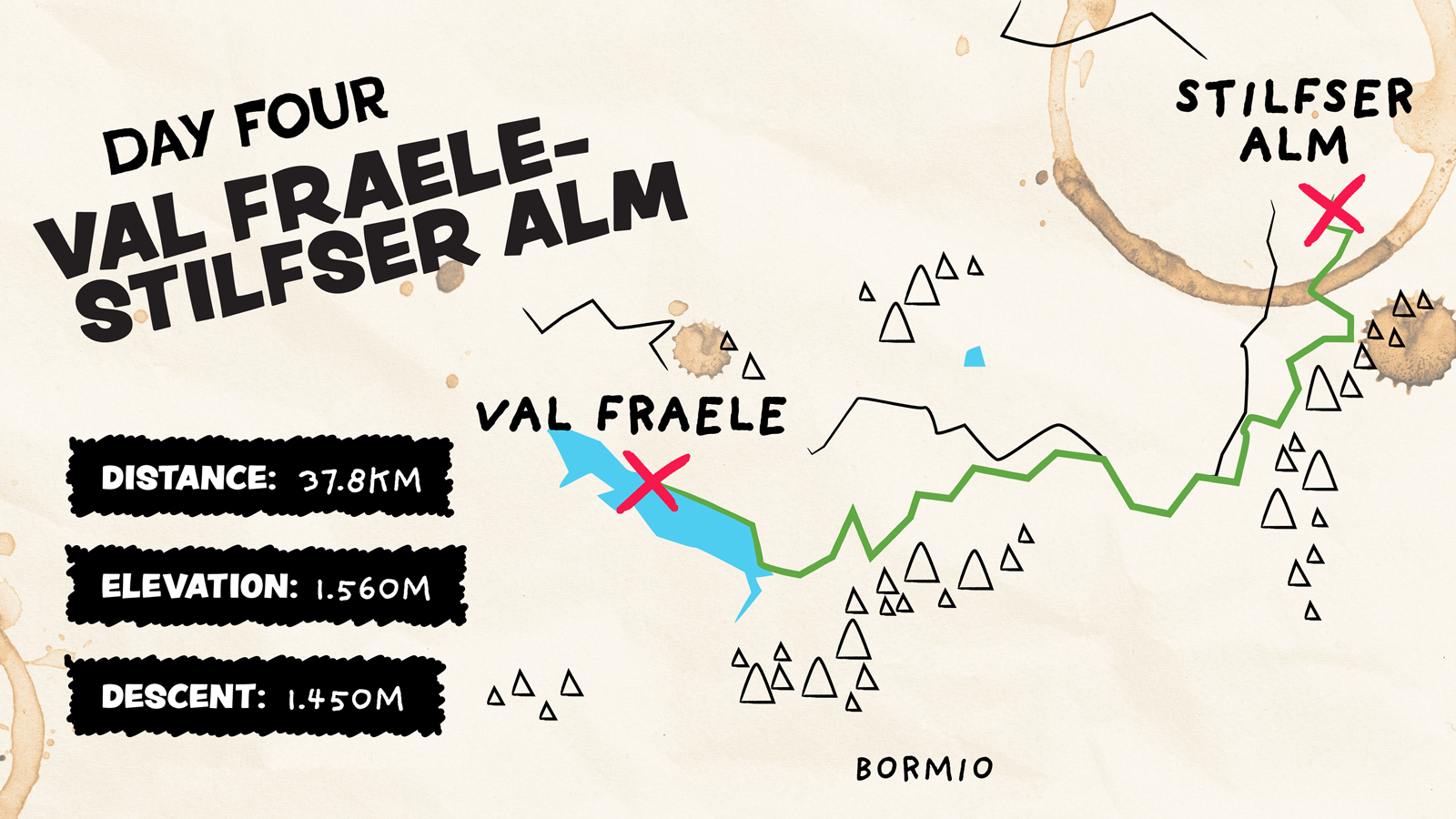 Map of Val Fraele-Stilfser Alm showing distance and elevation loop