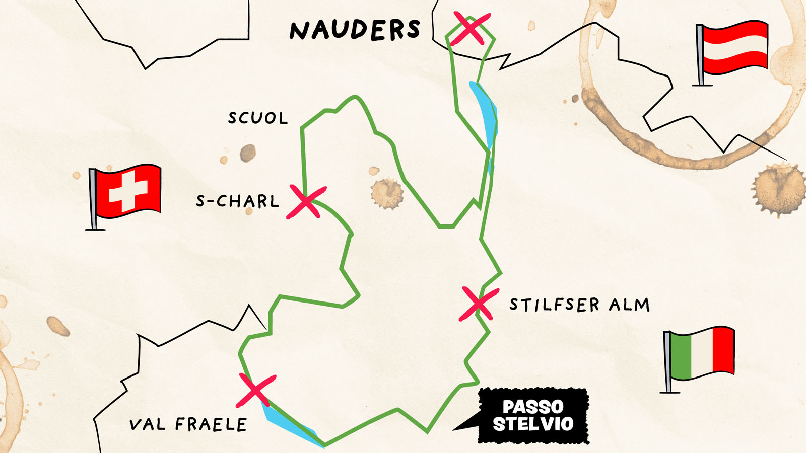 Graphic map showing Nauders S-charl Stilfser Alm and Val Fraele