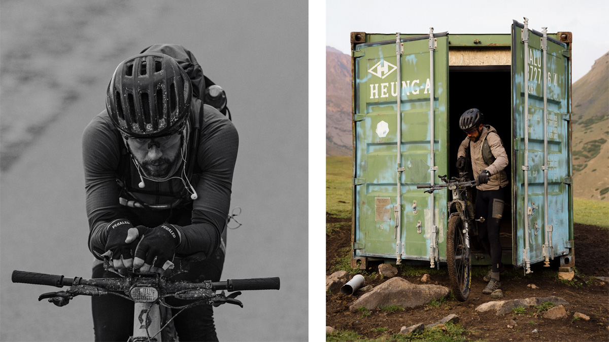 Robin Gemperle focusing riding his bike and getting his bike out of a container lost in nature