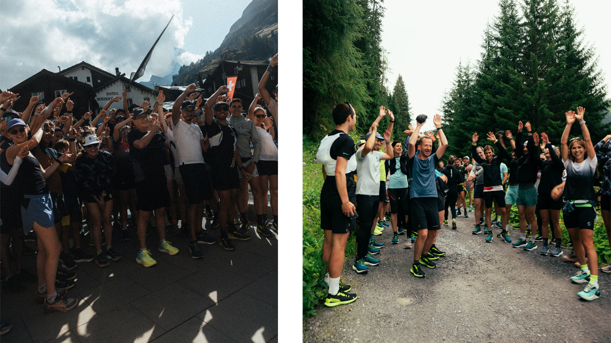Two pictures side by side showing supporters during a trail running race