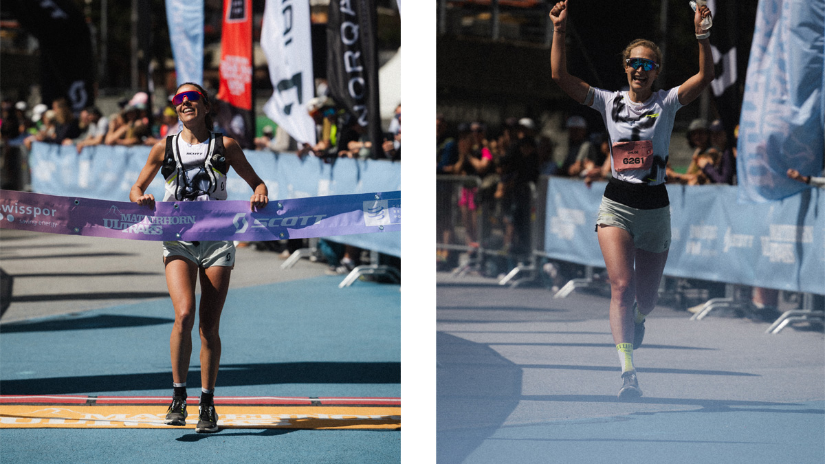 Two pictures side by side showing Anne Lise Rousset and Chloé Margot at a finish line