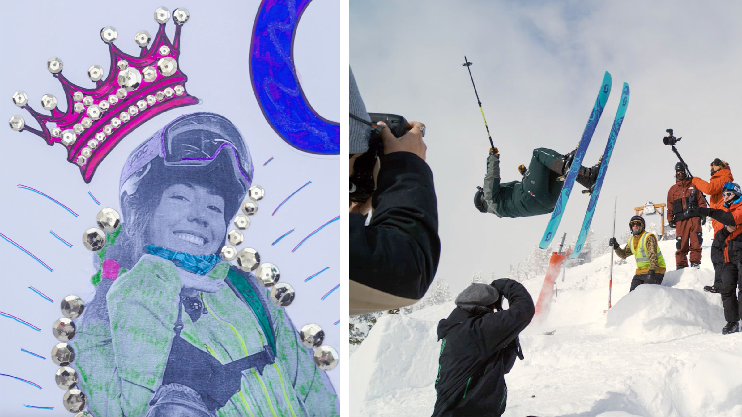 Left: A fan's handmade sign for "Queen Veronica". Right: Veronica Paulsen's double backflip attempt at Corbet’s Couloir.