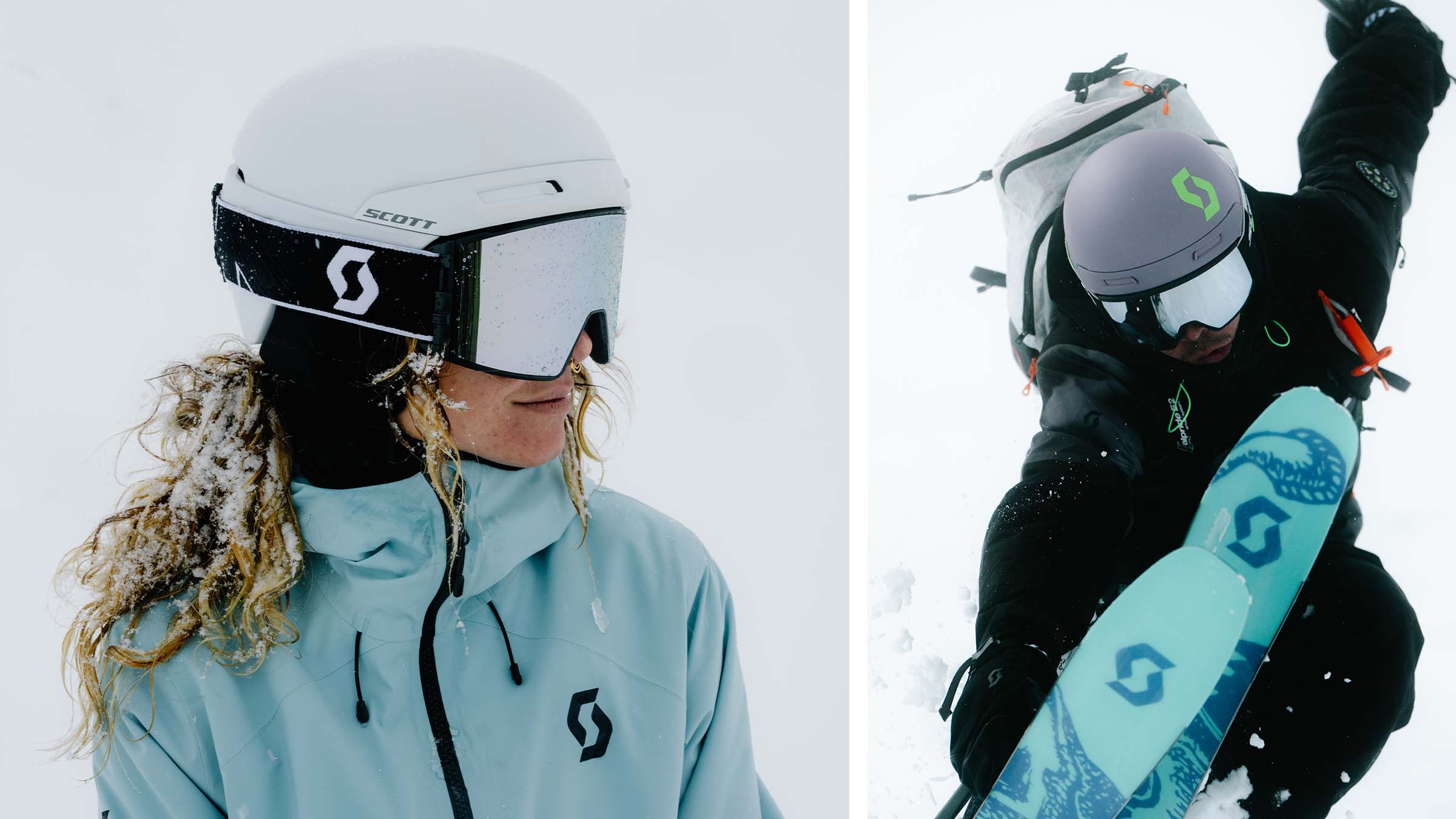 SCOTT How to Choose a Ski Helmet - Split image: left - close up of a skier wearing helmet and goggles, right - freeride skier in the air looking down