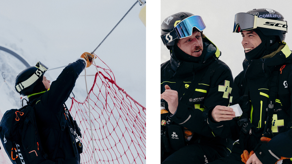 Two images showing a ski patroller fixing a net and two ski patrollers chatting