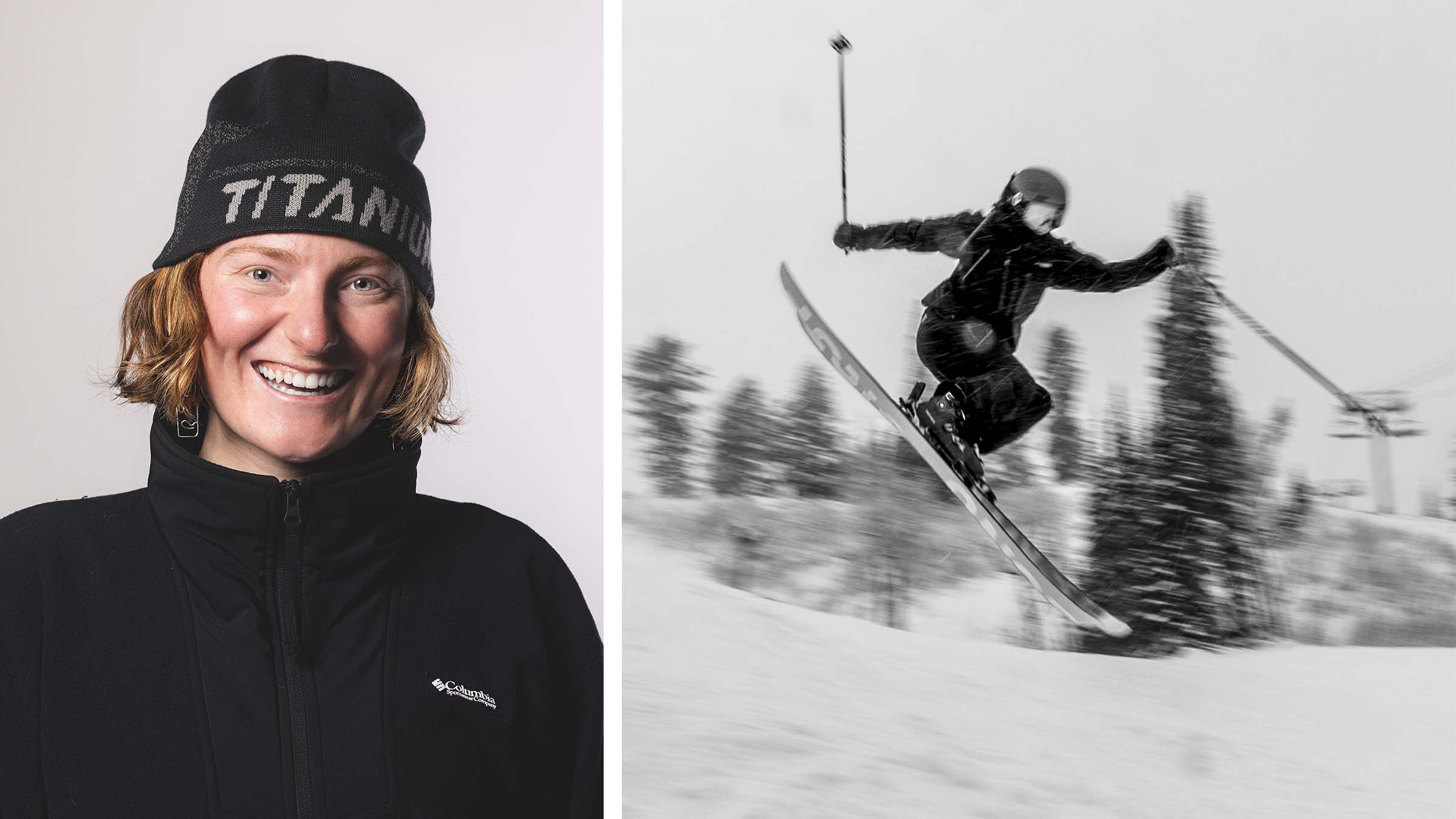 Left: a portrait of Wynter McBride. Right: Wynter McBride skiing at Snowbasin Resort in her hometown of Ogden, Utah.