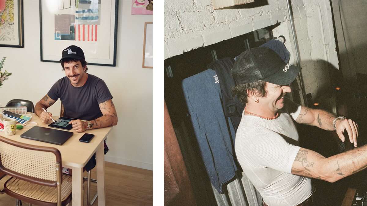 Two pictures side to side showing Cesar Villalba drawing on table and in a dj showcase.