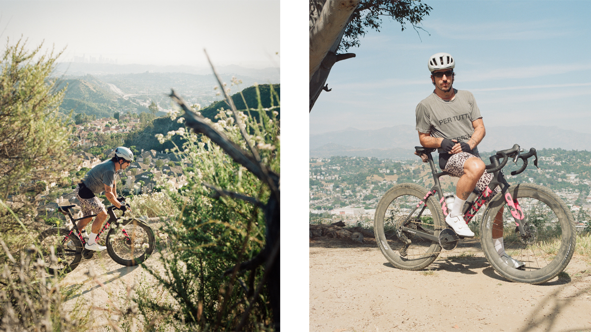 Two pictures side to side showing Cesar Villalba biking Gravel